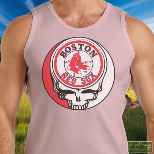 Men's Boston Red Sox The Grateful Dead Baseball Tank Top In Light Pink, Front View On Dark Wood Background