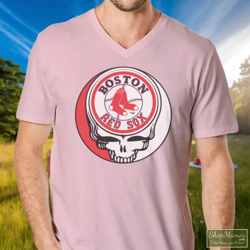 Men's Boston Red Sox The Grateful Dead Baseball V Neck In Light Pink, Front View On Dark Wood Background