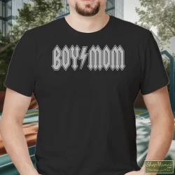 Men's Boy Mom Boy Mama Mom Life Rock Band Acdc Mom T Shirt In Black, Front View On Light Wood Background
