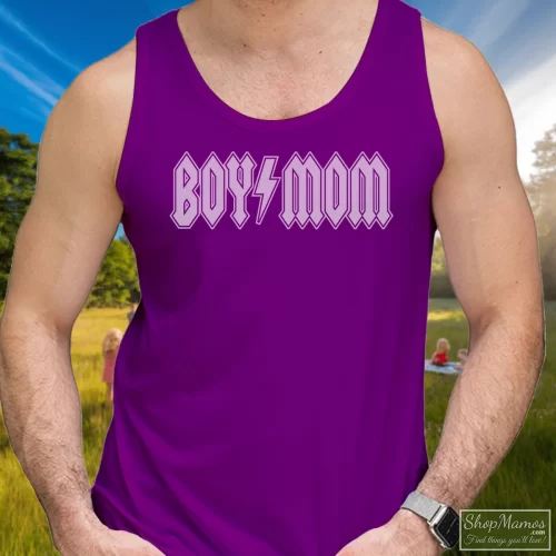 Boy Mom Boy Mama Mom Life Rock Band Acdc Mom Men’s Tank Top – Purple Front View On Light Wood Background Men's Boy Mom Boy Mama Mom Life Rock Band Acdc Mom Tank Top In Purple, Front View On Light Wood Background