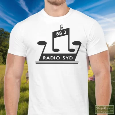Men's Brian Jones Radio Syd Rolling Stones T Shirt In White, Front View On Dark Wood Background