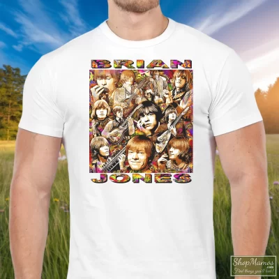 Men's Brian Jones Rolling Stones T Shirt In White, Front View On Dark Wood Background