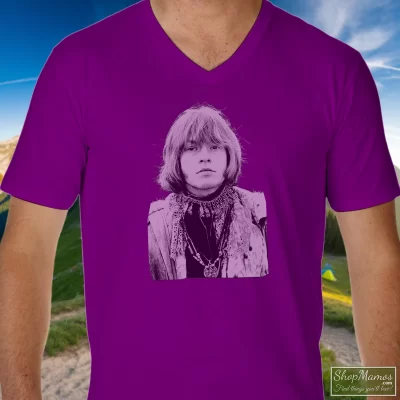 Men's Brian Jones Rolling Stones V Neck In Purple, Front View On Light Wood Background