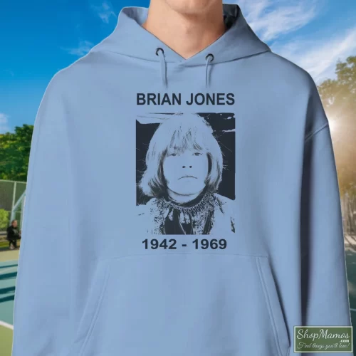 Brian Jones The Rolling Stones 1942 1969 Men’s Hoodie – Light Blue Front View On Dark Wood Background Men's Brian Jones The Rolling Stones 1942 1969 Hoodie In Light Blue, Front View On Dark Wood Background