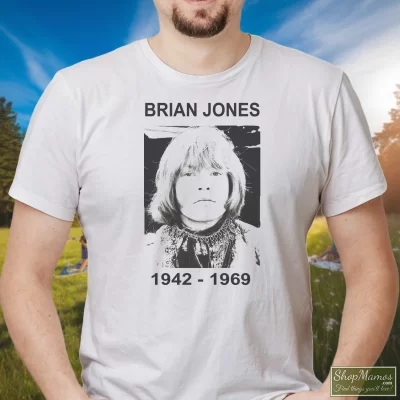 Men's Brian Jones The Rolling Stones 1942 1969 T Shirt In White, Front View On Dark Wood Background