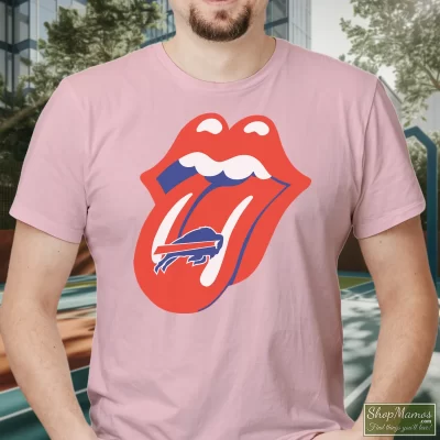 Men's Buffalo Bills Rolling Stones Tongue T Shirt In Light Pink, Front View On Dark Wood Background