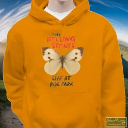 Butterfly Rolling Stones Live At Hyde Park Shirt 8 Men's Butterfly Rolling Stones Live At Hyde Park Hoodie In Orange, Front View On Dark Wood Background