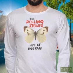 Butterfly Rolling Stones Live At Hyde Park Shirt 3 Men's Butterfly Rolling Stones Live At Hyde Park Long Sleeve In White, Front View On Dark Wood Background