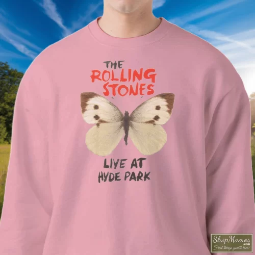 Butterfly Rolling Stones Live At Hyde Park Men’s Sweatshirt – Light Pink Front View On Dark Wood Background Men's Butterfly Rolling Stones Live At Hyde Park Sweatshirt In Light Pink, Front View On Dark Wood Background