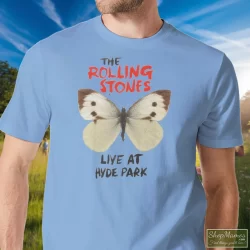 Butterfly Rolling Stones Live At Hyde Park Shirt 5 Men's Butterfly Rolling Stones Live At Hyde Park T Shirt In Light Blue, Front View On Dark Wood Background