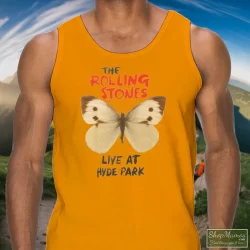 Butterfly Rolling Stones Live At Hyde Park Shirt 7 Men's Butterfly Rolling Stones Live At Hyde Park Tank Top In Orange, Front View On Dark Wood Background