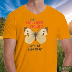 Butterfly Rolling Stones Live At Hyde Park Shirt 10 Men's Butterfly Rolling Stones Live At Hyde Park V Neck In Orange, Front View On Dark Wood Background