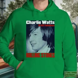 Charlie Watts Rolling Stones Drummer Shirt 4 Men's Charlie Watts Rolling Stones Drummer Hoodie In Irish Green, Front View On Light Wood Background