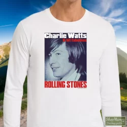 Charlie Watts Rolling Stones Drummer Shirt 10 Men's Charlie Watts Rolling Stones Drummer Long Sleeve In White, Front View On Dark Wood Background