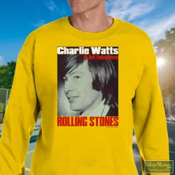 Charlie Watts Rolling Stones Drummer Shirt 2 Men's Charlie Watts Rolling Stones Drummer Sweatshirt In Yellow, Front View On Dark Wood Background