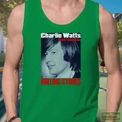 Charlie Watts Rolling Stones Drummer Shirt 5 Men's Charlie Watts Rolling Stones Drummer Tank Top In Irish Green, Front View On Light Wood Background