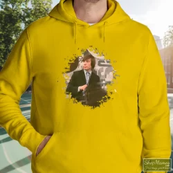 Charlie Watts Rolling Stones Shirt 8 Men's Charlie Watts Rolling Stones Hoodie In Yellow, Front View On Dark Wood Background