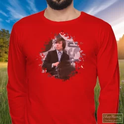 Charlie Watts Rolling Stones Shirt 6 Men's Charlie Watts Rolling Stones Long Sleeve In Red, Front View On Dark Wood Background
