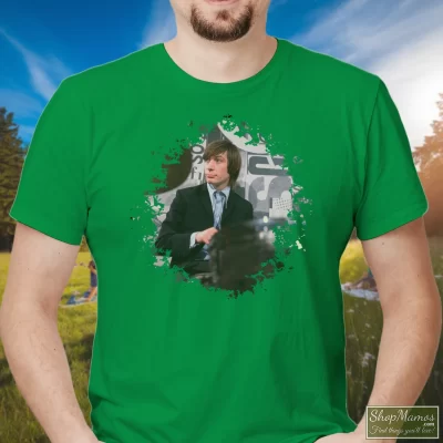 Men's Charlie Watts Rolling Stones T Shirt In Irish Green, Front View On Light Wood Background