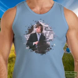 Charlie Watts Rolling Stones Shirt 5 Men's Charlie Watts Rolling Stones Tank Top In Light Blue, Front View On Dark Wood Background