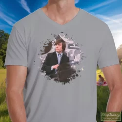 Charlie Watts Rolling Stones Shirt 3 Men's Charlie Watts Rolling Stones V Neck In Sport Grey, Front View On Dark Wood Background