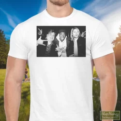 Men's Chris Farley Tupac Shakur And Kurt Cobain Partying 90s Streetwear Hip Hop Er 2pac T Shirt In White, Front View On Dark Wood Background