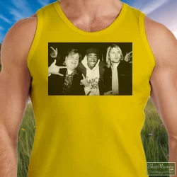 Chris Farley Tupac Shakur And Kurt Cobain Partying Shirt 90s Streetwear Hip Hop Er 2pac 1 Men's Chris Farley Tupac Shakur And Kurt Cobain Partying 90s Streetwear Hip Hop Er 2pac Tank Top In Yellow, Front View On Dark Wood Background