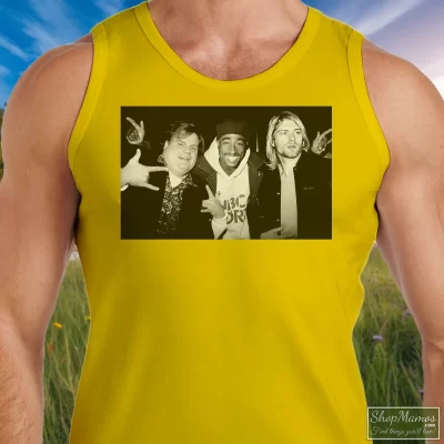 Men's Chris Farley Tupac Shakur And Kurt Cobain Partying 90s Streetwear Hip Hop Er 2pac Tank Top In Yellow, Front View On Dark Wood Background