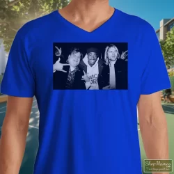 Chris Farley Tupac Shakur And Kurt Cobain Partying Shirt 90s Streetwear Hip Hop Er 2pac 5 Men's Chris Farley Tupac Shakur And Kurt Cobain Partying 90s Streetwear Hip Hop Er 2pac V Neck In Royal Blue, Front View On Light Wood Background
