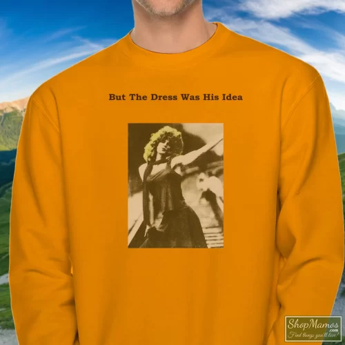 David Bowie 90s Mick Jagger Rolling Stones I Fucked Mick Jagger Men’s Sweatshirt – Orange Front View On Dark Wood Background Men's David Bowie 90s Mick Jagger Rolling Stones I Fucked Mick Jagger Sweatshirt In Orange, Front View On Dark Wood Background