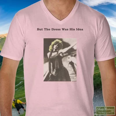 Men's David Bowie 90s Mick Jagger Rolling Stones I Fucked Mick Jagger V Neck In Light Pink, Front View On Dark Wood Background