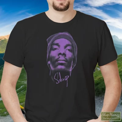 Men's Death Row Records Snoop Dogg Rap T Shirt In Black, Front View On Light Wood Background