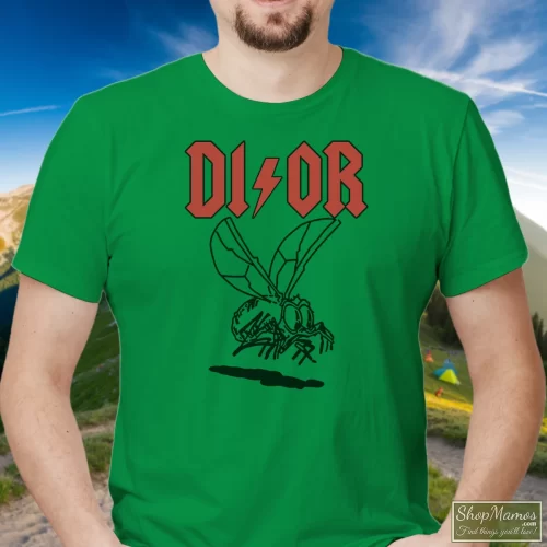 Dior Acdc Men’s T Shirt – Irish Green Front View On Light Wood Background Men's Dior Acdc T Shirt In Irish Green, Front View On Light Wood Background