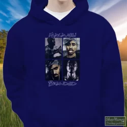 Distressed 2pac Tupac Shakur American Rapper Shirt 5 Men's Distressed 2pac Tupac Shakur American Rapper Hoodie In Navy, Front View On Light Wood Background