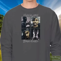 Distressed 2pac Tupac Shakur American Rapper Shirt 11 Men's Distressed 2pac Tupac Shakur American Rapper Long Sleeve In Charcoal, Front View On Dark Wood Background