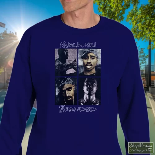 Distressed 2pac Tupac Shakur American Rapper Men’s Sweatshirt – Navy Front View On Light Wood Background Men's Distressed 2pac Tupac Shakur American Rapper Sweatshirt In Navy, Front View On Light Wood Background