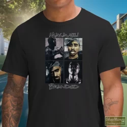 Distressed 2pac Tupac Shakur American Rapper Shirt 3 Men's Distressed 2pac Tupac Shakur American Rapper T Shirt In Black, Front View On Light Wood Background
