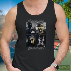 Distressed 2pac Tupac Shakur American Rapper Shirt 10 Men's Distressed 2pac Tupac Shakur American Rapper Tank Top In Black, Front View On Light Wood Background