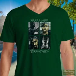Distressed 2pac Tupac Shakur American Rapper Shirt 8 Men's Distressed 2pac Tupac Shakur American Rapper V Neck In Forest Green, Front View On Light Wood Background