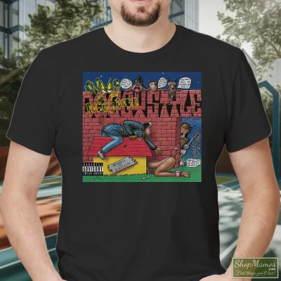 Men's Doggystyle Snoop Dogg Classic 1993 T Shirt In Black, Front View On Light Wood Background