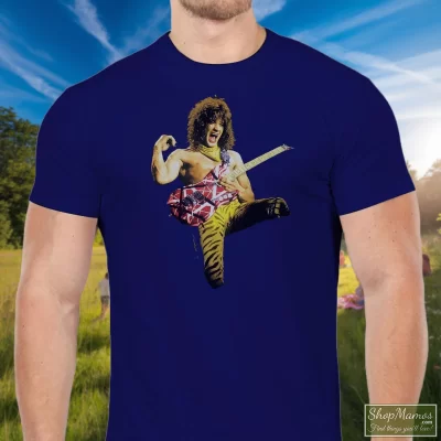 Men's Eddie Van Halen T Shirt In Navy, Front View On Light Wood Background