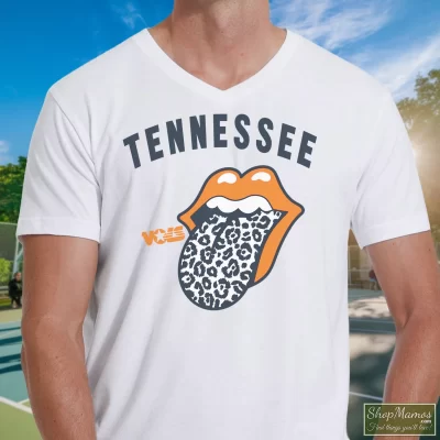 Men's Tennessee Volunteers Rolling Stones V Neck In White, Front View On Dark Wood Background