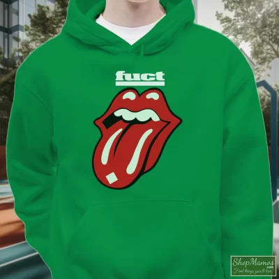 Men's Fuct Tongue Rolling Stones Hoodie In Irish Green, Front View On Light Wood Background
