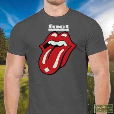 Men's Fuct Tongue Rolling Stones T Shirt In Charcoal, Front View On Dark Wood Background
