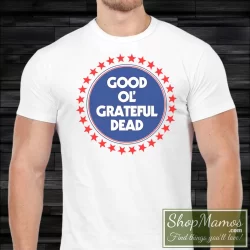 Men's Rare Good Ol Grateful Dead 50th Anniversary T Shirt in White, front view on dark wood background