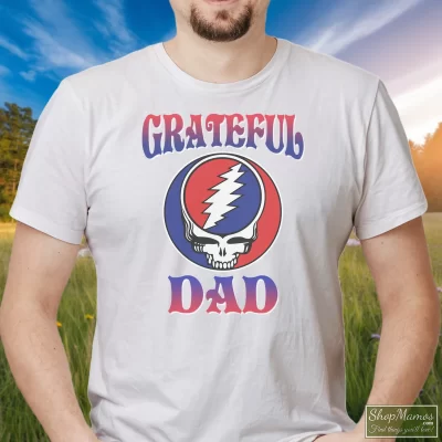 Men's Grateful Dad With Dad Fan Of Grateful Dead Gift Father Day T Shirt In White, Front View On Dark Wood Background