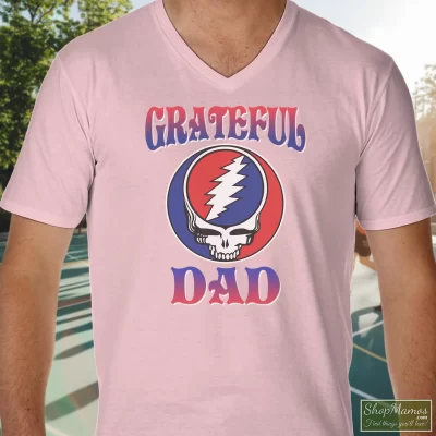 Men's Grateful Dad With Dad Fan Of Grateful Dead Gift Father Day V Neck In Light Pink, Front View On Dark Wood Background