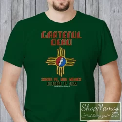 Men's Vintage Grateful Dead 1982 Santa Fe New Mexico Tour T Shirt in Forest Green, front view on light wood background