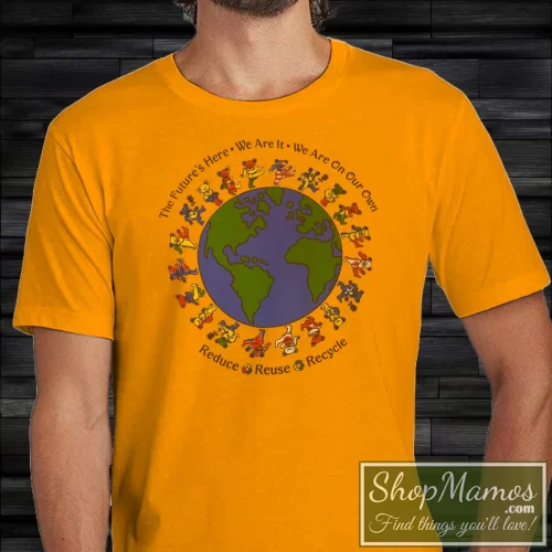 Men's Vintage Grateful Dead 1992 Reduce Reuse Recycle Jerry Bear Earth T Shirt in Orange, front view on dark wood background