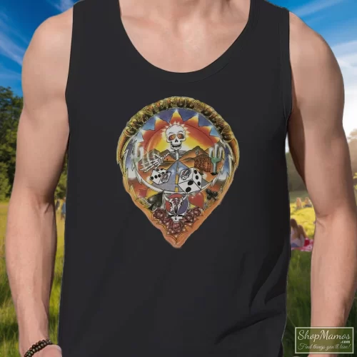 Grateful Dead 1994 Las Vegas Silver Bowl Men’s Tank Top – Black Front View On Light Wood Background Men's Grateful Dead 1994 Las Vegas Silver Bowl Tank Top In Black, Front View On Light Wood Background